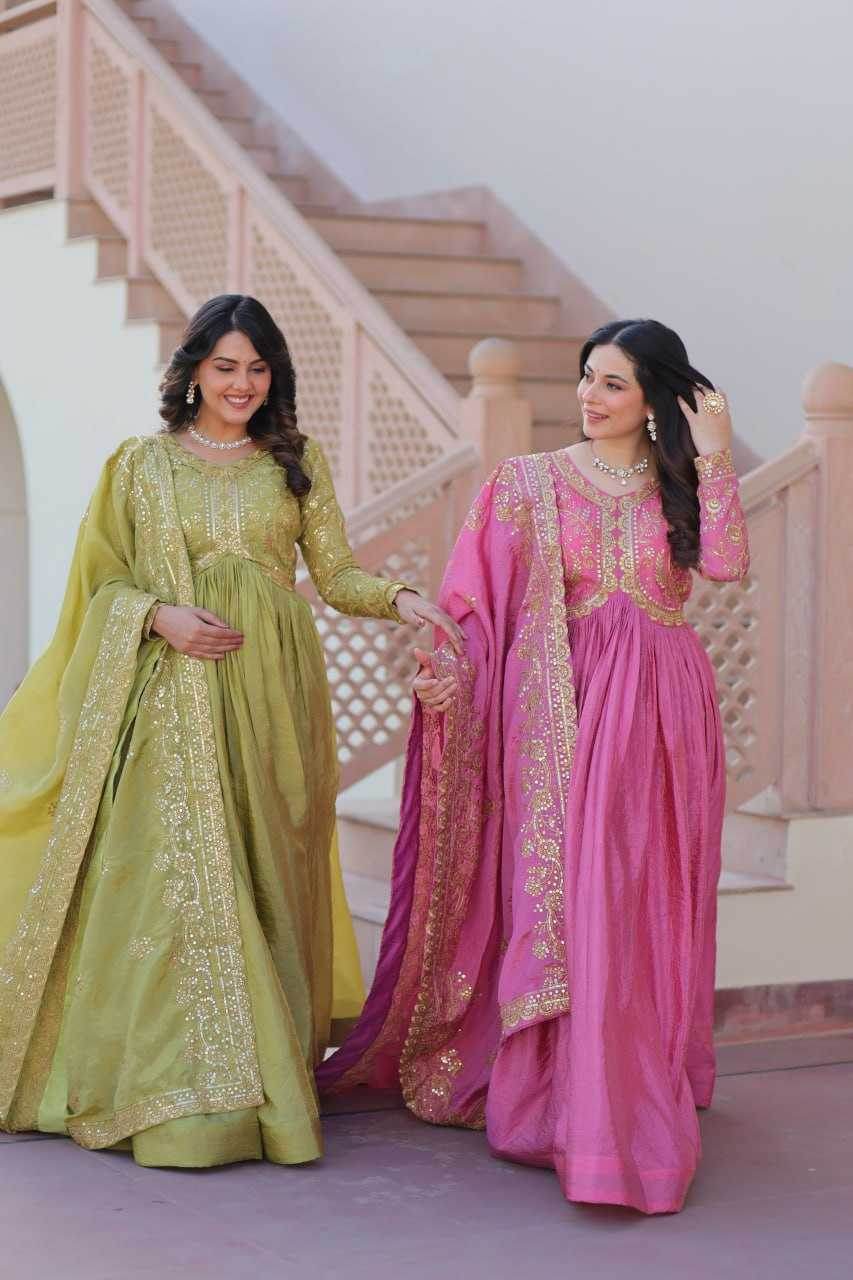 Crush Silk Embroidery Long Gowns - MYLUXURY LANE ENTERPRISE